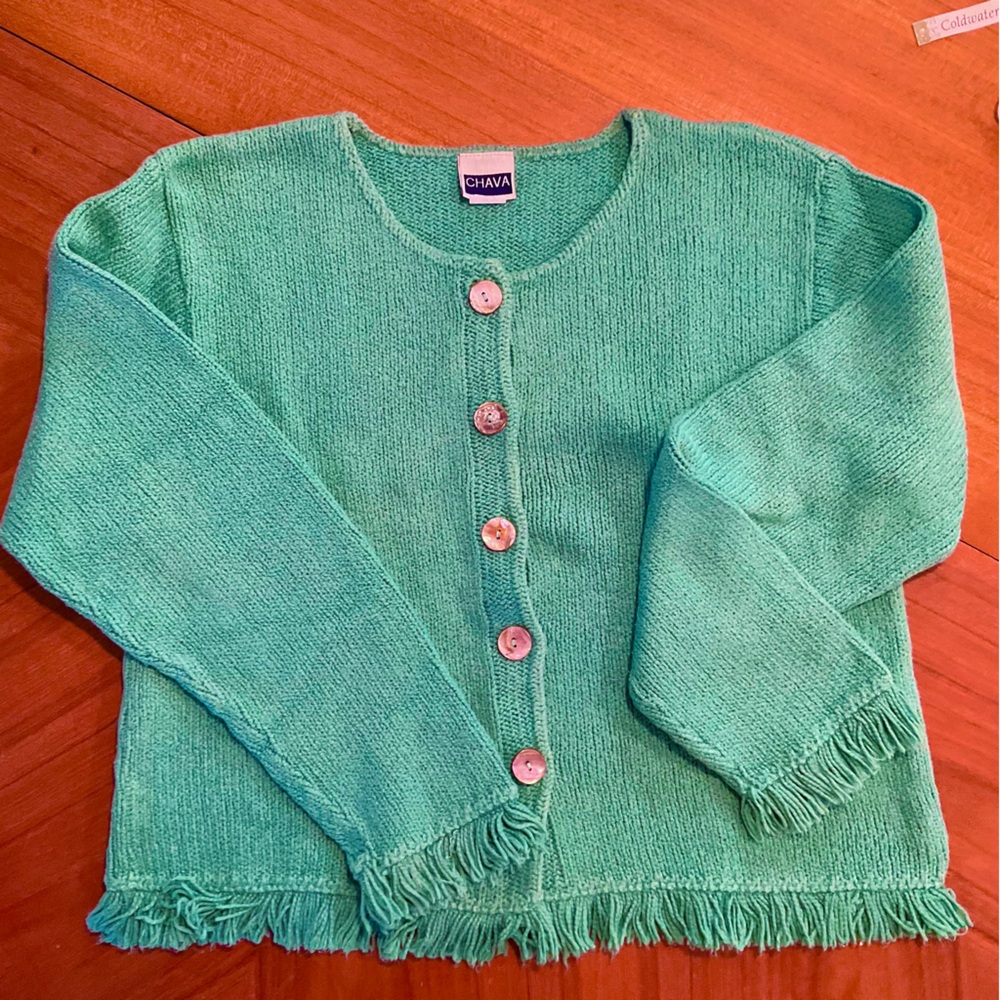 Teal Green 100% Cotton Fringed Sweater with Abalone Buttons